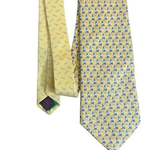 Tommy Hilfiger Yellow Silk Tie Blue Sailboats Seagulls Necktie Made In USA Coast